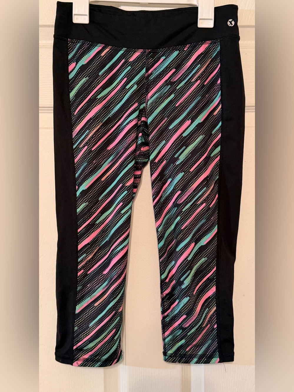 Xersion Black Leggings with Pink, Teal & Green Diagonal Print
